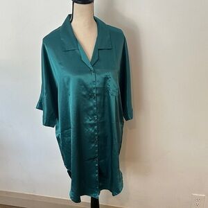 Vanity Fair Eaton Vintage Teal Green Satin Button-Up Sleep Shirt Pajamas P/S 80s